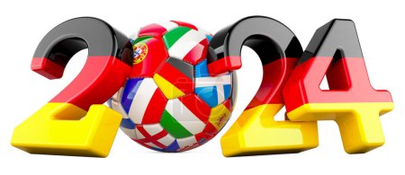 Fútbol 2024 en Alemania, pelota de fútbol con banderas europeas, representación 3D aislada sobre fondo blanco