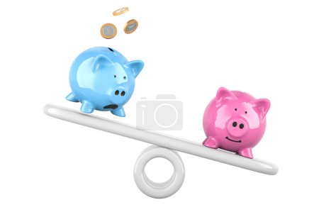 Hucha azul y rosa en balancín de desequilibrio, concepto de desigualdad social, presupuesto familiar. Representación 3D aislada sobre fondo blanco