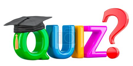 QUIZ, concept with education hat. 3D rendering isolated on white background
