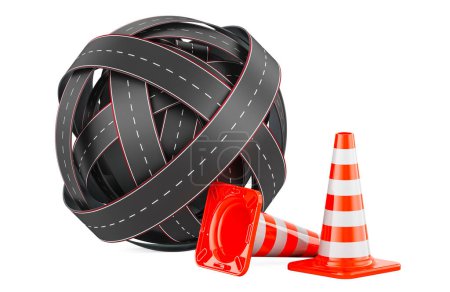 Traffic cones with toll road. Road Maintenance, concept. 3D rendering isolated on white background