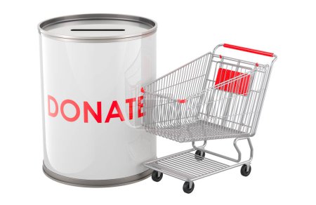 Donation can with shopping cart, 3D rendering isolated on white background