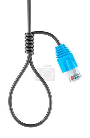 Network Problem, concept. Noose from lan cable, 3D rendering isolated on white background  