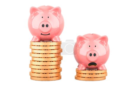 Piggy banks on different stacks of coins. Concept of social inequality, 3D rendering isolated on white background