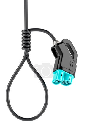 Expensive electric car charging, concept. Noose, hangmans knot from electric car charging plug. 3D rendering isolated on white background