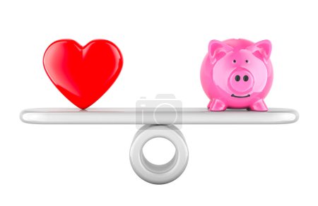 Piggy bank and red heart on balance scale. 3D rendering isolated on white background