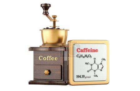 Coffee Grinder and caffeine Icon with chemical formula, molecular structure. 3D rendering isolated on white background