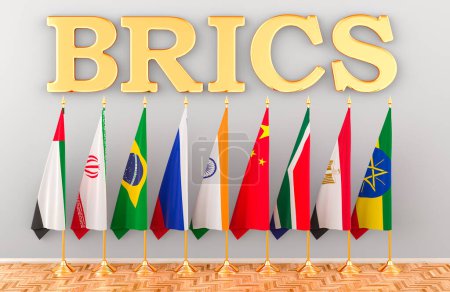 BRICS-Gipfel, Flaggen aller neuen Mitglieder BRICS. 3D-Rendering