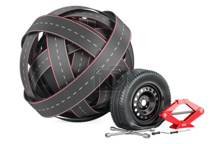 Roads knot with puncture car wheel and screwjack. 3D rendering isolated on white background