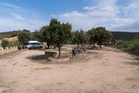 Photo for Motorhome parked at the free aire Morella, Castellon province, Valencian Community, Spain - Royalty Free Image