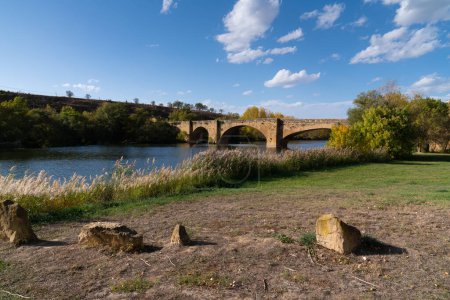 Photo for River Ebro San Vicente de la Sonsierra village in La Rioja Province, Spain with medieval bridge - Royalty Free Image