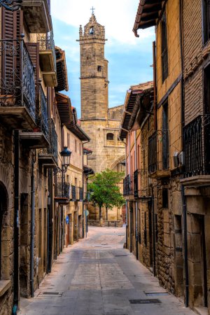 Basque Country Spain Elciego town narrow street and church in Alava region