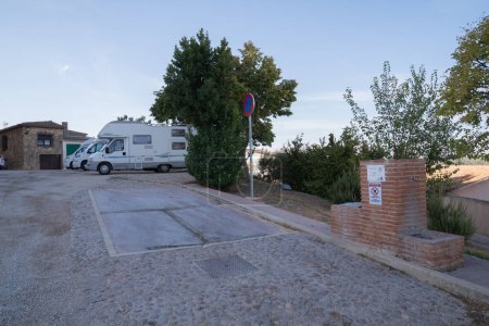 Photo for Motorhome service point with waste disposal and water next to the castle in the free aire Castillo de Garcimunoz Cuenca, Castile-La Mancha, Spain on Friday 1st September 2023 - Royalty Free Image