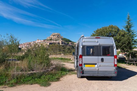 Photo for Campervan and castle view Morella Spain beautiful spanish hilltop town Castellon Province, Valencian Community - Royalty Free Image