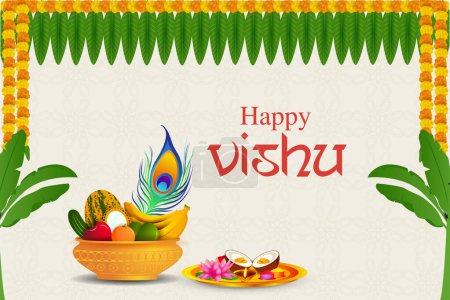 Téléchargez les illustrations : Illustration vectorielle de Vishu, Fête hindoue fond de festival religieux pour bonne année célébrée en Inde du Sud - en licence libre de droit