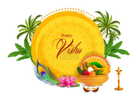 vector illustration of Vishu, Hindu holiday religious festival background for Happy New Year celebrated in South India