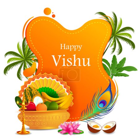 vector illustration of Vishu, Hindu holiday religious festival background for Happy New Year celebrated in South India
