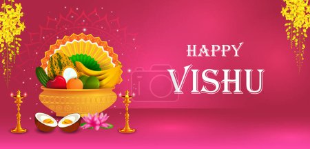 Téléchargez les photos : Illustration vectorielle de Vishu, Fête hindoue fond de festival religieux pour bonne année célébrée en Inde du Sud - en image libre de droit