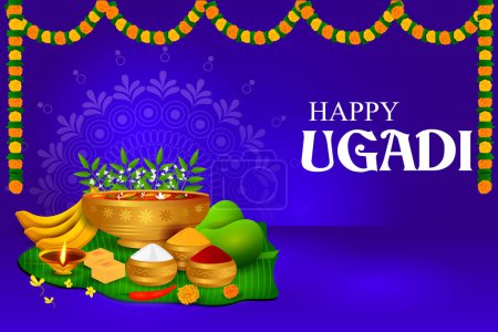 Téléchargez les photos : Illustration vectorielle de Happy Ugadi fond de festival religieux de vacances pour Bonne Année de en Inde - en image libre de droit