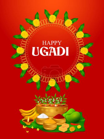 vector illustration of Happy Ugadi holiday religious festival background for Happy New Year of in India