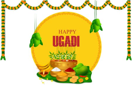 Téléchargez les photos : Illustration vectorielle de Happy Ugadi fond de festival religieux de vacances pour Bonne Année de en Inde - en image libre de droit