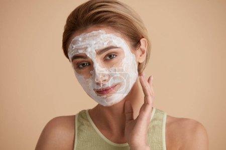 Photo for Face Skin Care. Happy Caucasian Woman Posing with Foam Soap on Face. Positive Girl Cleansing Face Applying Facial Cleanser Closeup. Cleaning Facial Skin Concept. High Resolution - Royalty Free Image
