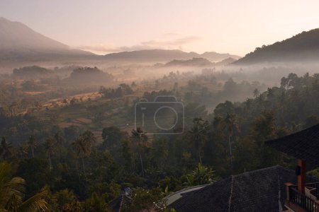 Photo for Sunset In Tropical Mountains. Green Trees Nature at Morning Sunrise. Amazing Picturesque Views. Tropical Indonesian Landscape - Royalty Free Image