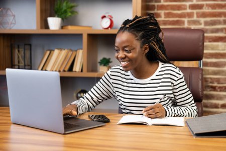 Photo for Afro American woman enjoys a productive day at her home office, engaging in video calls, blogging, and self-care routines, surrounded by modern comforts and technology. - Royalty Free Image