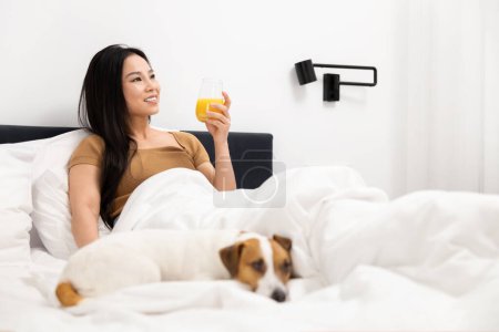 Téléchargez les photos : Femme détendue appréciant le matin avec chien de compagnie dans le lit, souriant femelle tenant jus d'orange, style de vie confortable - en image libre de droit