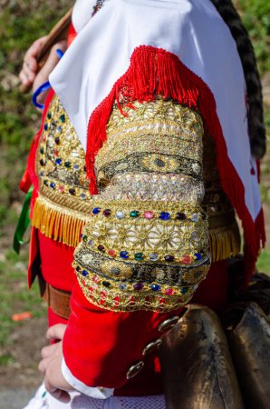 Foto de Detalle de la chaqueta, Peliqueiro de Campobecerros. Máscara Entroido tradicional. Galicia, España. - Imagen libre de derechos