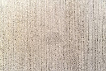Agricultural field plowed for sowing, aerial photo with drone. Detailed texture for backgrounds. Springtime concept.
