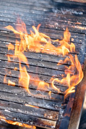 detalle de las llamas en una parrilla de leña, cocina de verano
