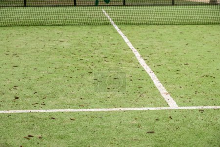 Teilansicht eines grünen Paddle-Tennisplatzes mit Netz, Sportkonzept