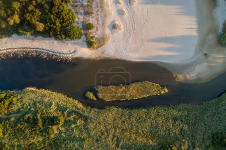 aerial view of a river on a beach
