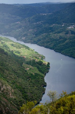 Blick auf den Fluss Sil in der Ribeira Sacra, Weltkulturerbe. Galicien, Spanien.