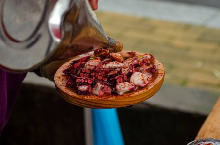 Photo for View of a delicious portion of octopus cooked in the Galician style, pulpo a feira - Royalty Free Image