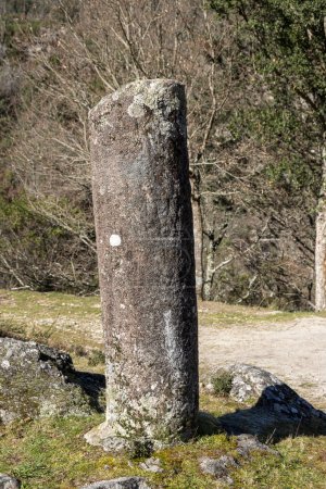 Granitrömischer Meilenstein in der Via XVIII, der römischen Straße zwischen Braga und Astorga. Baixa Limia-Serra do Xures Naturpark, Ourense. Galicien, Spanien