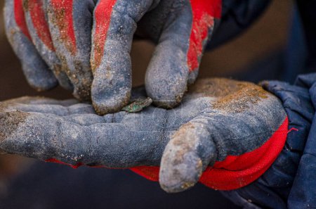 Nahaufnahme behandschuhter Hände mit einer antiken Münze, die bei einer archäologischen Ausgrabung gefunden wurde