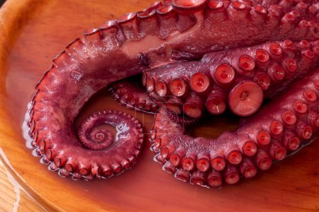 Oktopus-Tentakel im galizischen Stil zubereitet, pulpo a feira. Spanische Lebensmittel