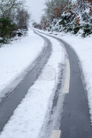 Road in snowy landscape in the National Park of Peneda-Geres. Portugal