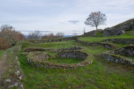Häuserwände in der archäologischen Stätte von Castromao, Galicien, Spanien.