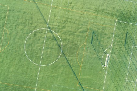 aerial overhead view with drone of a soccer field