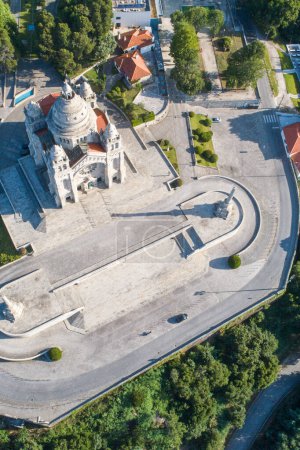 drone aerial view of the basilica of Santa Luzia in Viana do Castelo, famous catholic temple in Portugal.