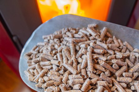 Photo for Close-up view of wood waste pellets near a stove - Royalty Free Image