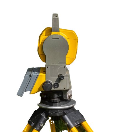 surveying tool, total station with white background. Survey Instrument geodetic device, total station set in the field. Total station surveying and measuring engineering equipment.