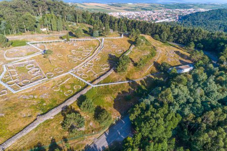Aerial drone view of the archaeological site of the Citania of Santa Luzia, ruins of a hillfort in Viana do Castelo.