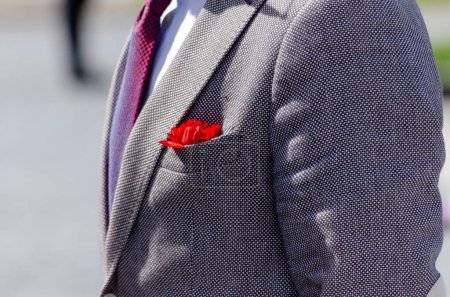 Photo for Detail of a red carnation on the jacket of a man in a suit celebrating April 25th in Portugal. Day of freedom, carnation revolution - Royalty Free Image