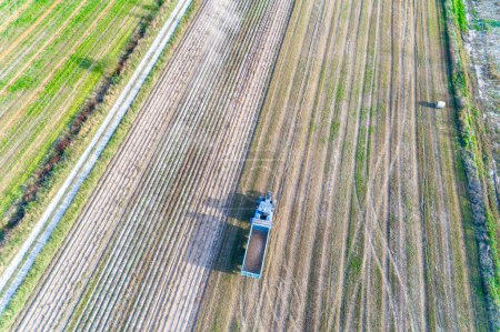 aerial drone view of a tractor with a harvester harvesting potatoes