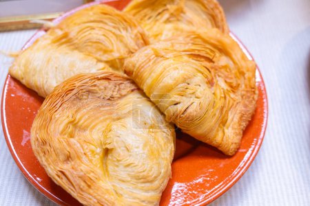 Typical food in center Portugal: Pastel de Molho da Covilha, a filo pastry stuffed with ground meat braised in onions and bay leaves