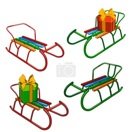 Photo for Sled vector set, red and green realistic and cartoon sleds with gifts - Royalty Free Image