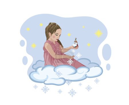 Photo for Cute girl on a cloud pours snowflakes against the background of the starry sky and snowflakes. vector illustration - Royalty Free Image